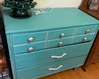 #49 Wood Teal Painted Chest of 3 Drawers - 36x18x32 $100.00