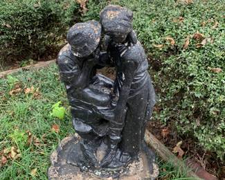 #140 Black Painted Statue of Lady and man Bird Bath (one head is detached) - 35" Tall $75.00