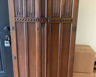 #2	Antique Wood Armoire w/2 doors w/hanging rack and 5 shelves - 36x19x67	 $125.00 			
