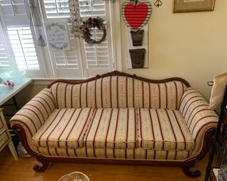 #52 Camel Back Parlor goose neck arm Sofa w/Burgandy & Cream Stripe - 6-foot w/wood arms & back $100.00
