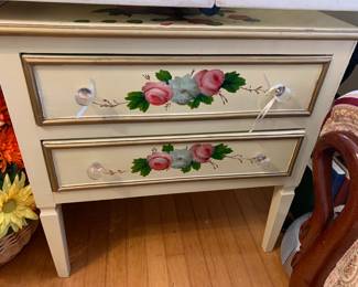 #53 end table with roses painted on front and top 2 drawer 26x15x26 $100.00