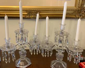 #22 Vintage Pair of 2 Glass (2 pc) Candlelabras w/glass prisms - 12" Tall Each - w/three arms $275.00