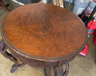 #228 Misc - LR Carved Wood Base w/ round wood top End Table - 30x28 not at house at this house $150.00
