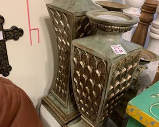 #249 Pair of Green Painted Candle holders - 18" and 15" $25.00