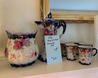 #220 Vintage Hand-painted Chocolate Set - 8 pcs (lid missing on biscuit jar) $60.00