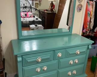 #58 Aqua painted dresser with 6 drawers 52x19x31 mirr 42x32 $150.00