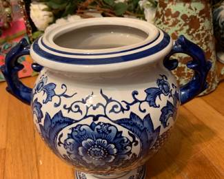 #235 Blue & White Double Handle Flower Pot - 10" Tall $20.00