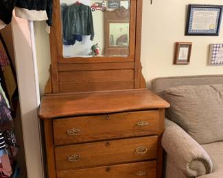 #45 Oak 3 Drawer Dresser w/Beveled Mirror (2 pcs) on wheels - 39x19x34 Mirror - 38x46 $175.00