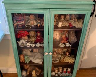 #29 Teal Painted 3 Shelf Display Cabinet w/2 Glass Door - 30x10x44 $75.00