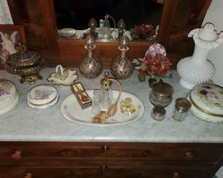 French powder jars, perfume bottles, antique silver and glass bottles, antique hobnail milk glass