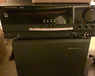 Complete Harmon Kardon home theater system with receiver, 5 matched to receiver speakers, subwoofer and Sanus speaker stands all in working order 