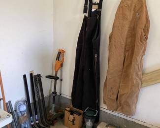 Coveralls, camping lantern, tackle box, various tools