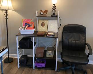 Small desk, desk chair, lamps, bibles organizers