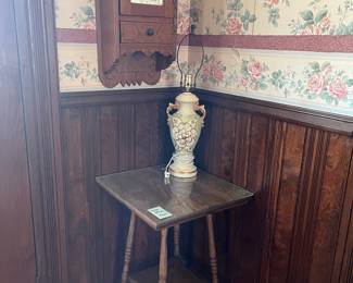 Antique lamp table and wall cabinet