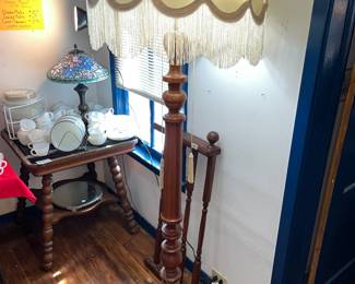Large antique turned wood floor lamp w/ fringe shade
