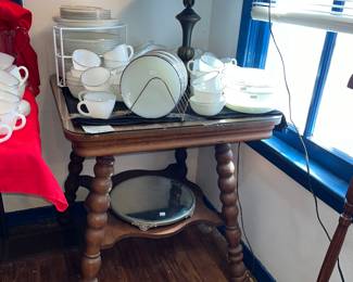  Heavy oak antique parlor table & white glass dinnerware