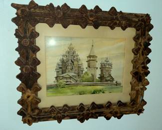 Amazing antique "Tramp Art" layered frame w/ Russian print.