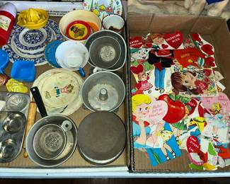 Kids kitchenware & old Valentines