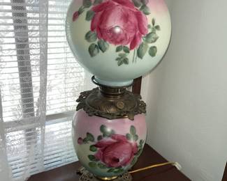 Outstanding "American Eureka" lamp. Electrified, but is easily converted back to oil lamp.