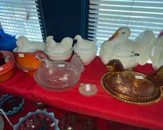 Glass "hen-on-nest" candy dishes and even a turkey!