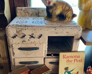 Vintage metal kitchen stove and lots of "Big-Little" books!