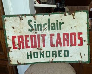 Two-sided porcelain SINCLAIR GAS "CREDIT CARDS" sign