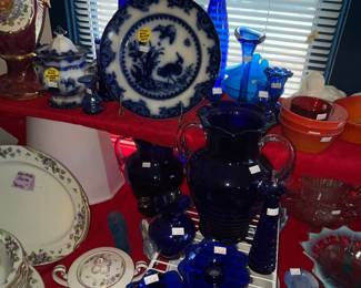 Flow blue plate and some beautiful cobalt blue glassware