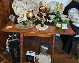 Dropleaf dinette table full of vintage china & glassware