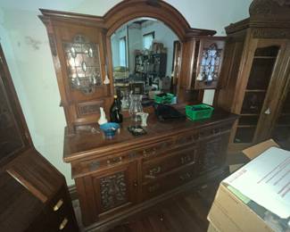 Very large hand carved antique sideboard w/ leaded glass doors!