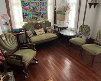 Stunning 4 pc. Art Deco parlor set! Excellent swirled-back design upholstery!