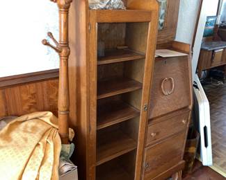 Antique oak secretary and coat tree