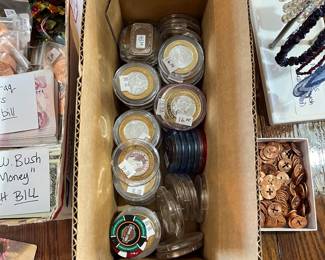 Box full of gaming tokens