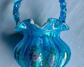 Fenton Glass English Rose Celeste Blue Overlay Basket