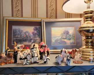 Vintage ceramic mama/babies on chain skunk set, bears set, and elephants set, other vintage ceramics