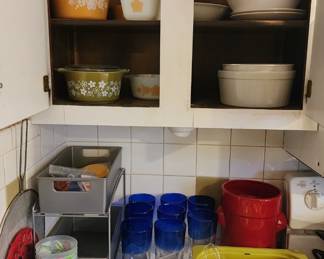 Pyrex, hand blown glasses, lots of normal kitchen ware