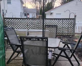 Patio table, 4 charis, umbrella with stand