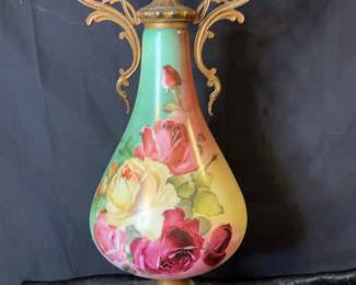 Victorian Brass Porcelain Cabbage Rose Venetian Ewer Centerpiece