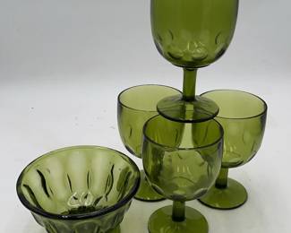 Vintage Green Glass Goblets and Glass Footed Bowl