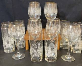 Winter Scene Glass Tumblers Wine Glasses