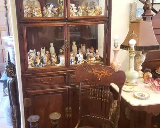 Antique Chinese Teak China Cabinet; Inlaid Victorian Hall Chair; Collection of Hummel Figurines