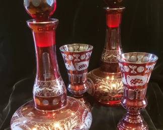 Antique Pair of Bohemian Etched Ruby Glass Decanters w/ an Antique Pair of Vases