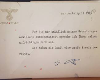Thank You Note signed by Adolph Hitler, 1943