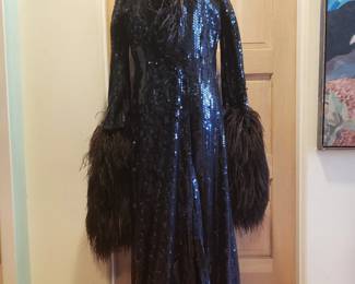 Sequined Velcroed Gown with Feather Trim