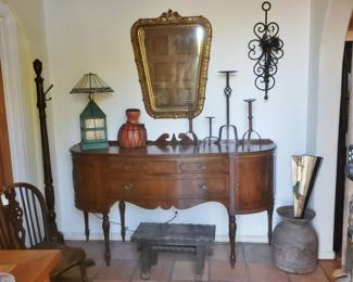 1920's Curved Mahogany Buffet; Wrought Iron Sconce & Iron Candle Stands;  Mirror SOLD