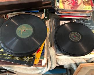 Boxes of LPs and a stack of 78s