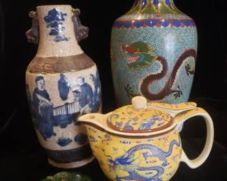Fabulous 1920's Chinese Double Dragon Cloisonne Vase; Antique Chinese Crackle Glaze Vase; Contemporary Chinese Dragon Tea Pot; Antique Spinach Jade Box