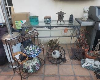 Brown Jordan Console Table; Iron Etagere / Plant Stand; Iron Chandelier, etc.