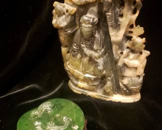 Antique Carved Chinese Soapstone & a vintage Spinach Jade Box on Stand - box SOLD