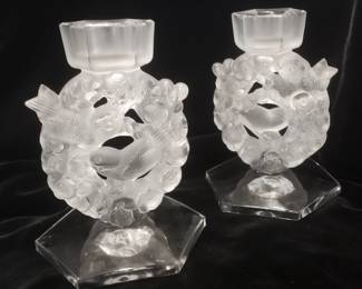 Gorgeous Pair of Lalique "Mesanges" Candlesticks