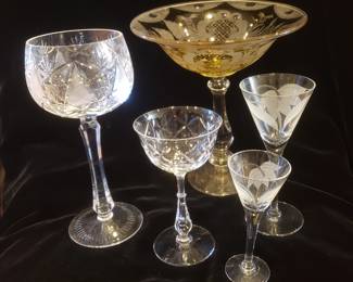 Antique Etched Yellow Compote; Sets of Fine Crystal Stemware including Dorothy Thorpe-Style